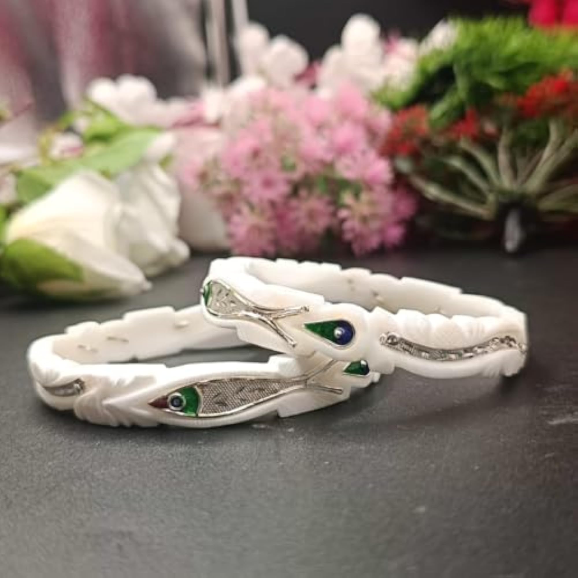 Women's Graceful Bengali Silver White Bangles, Velvet Box Gift
